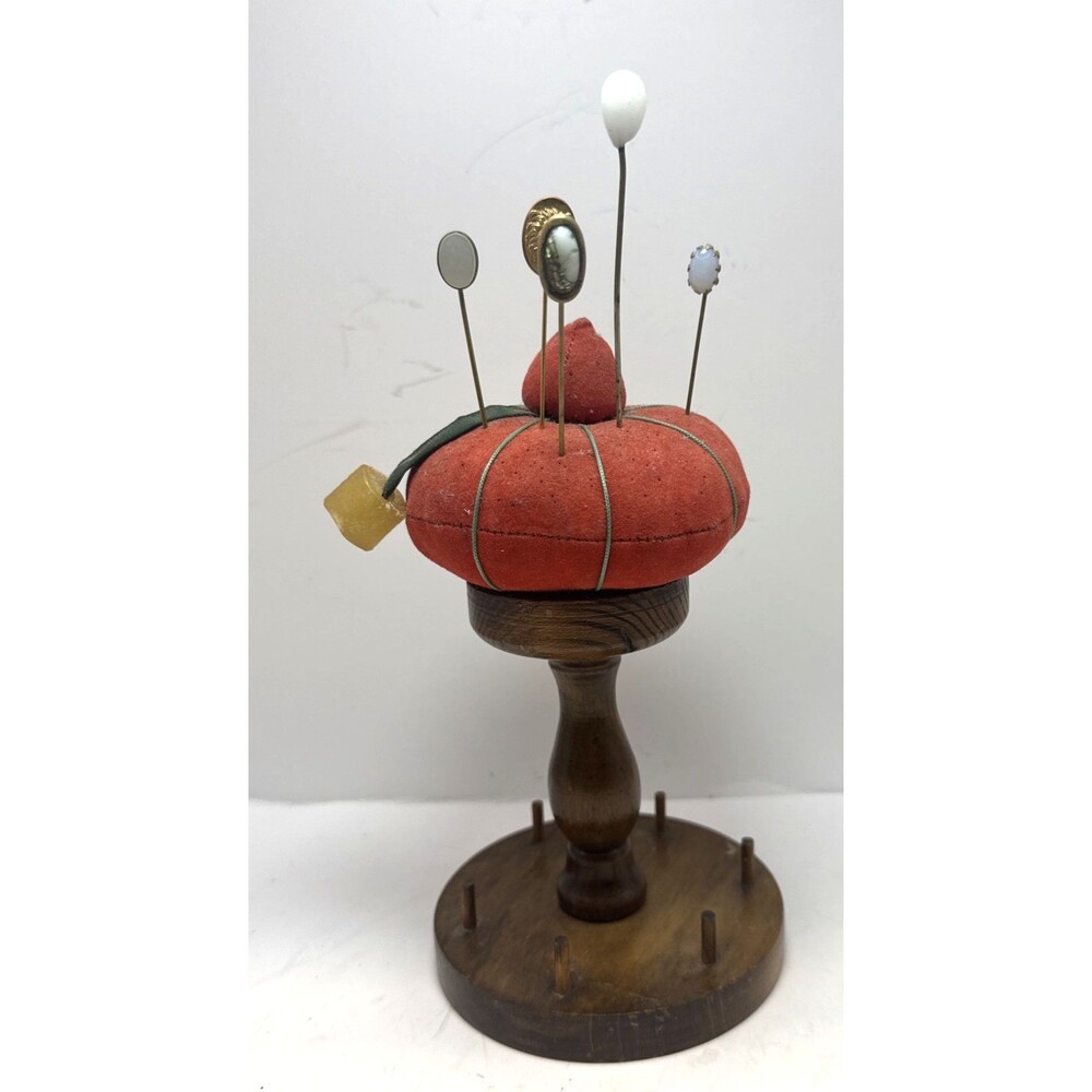 Antique Pin Cushion Strawberry Top Wooden Sewing Spool Holders Old Pins sharpner